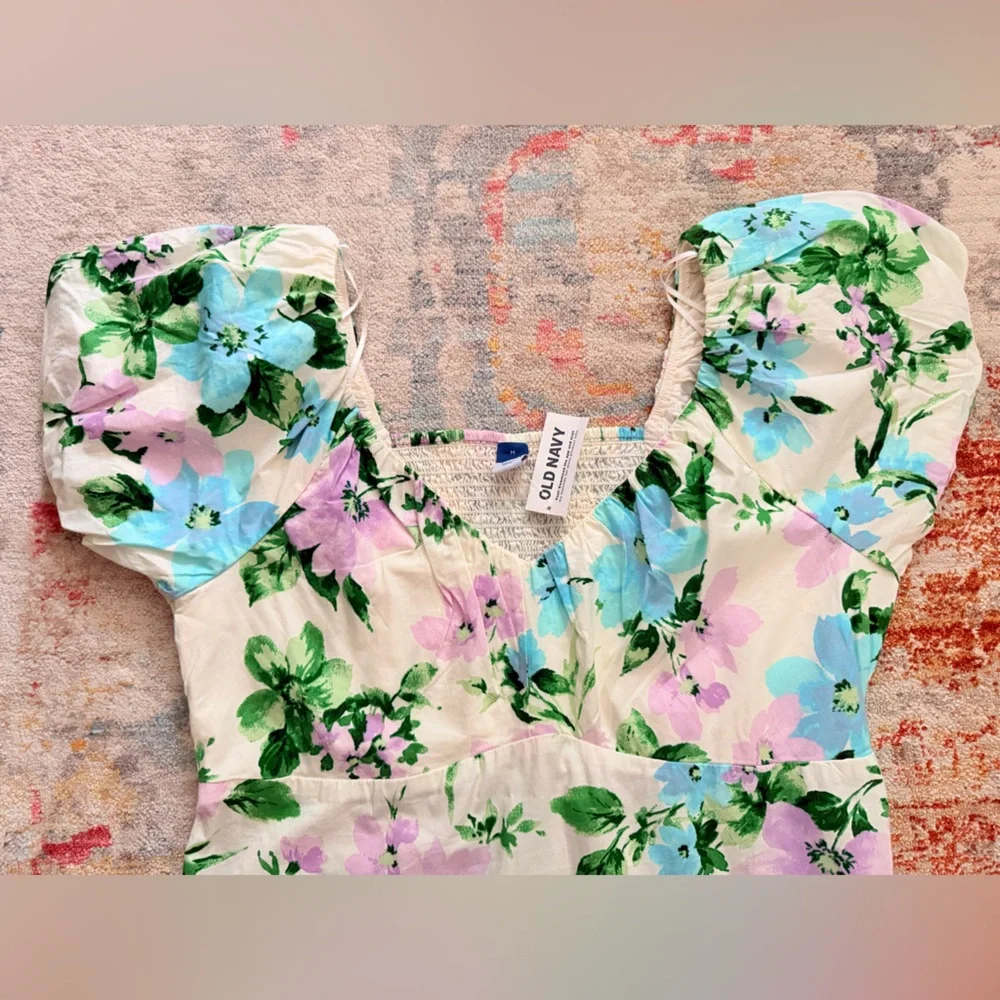 NWT Old‎ Navy Womens Ivory Green Purple Floral Puff Sleeve Mini Dress MEDIUM - Picture 13 of 14